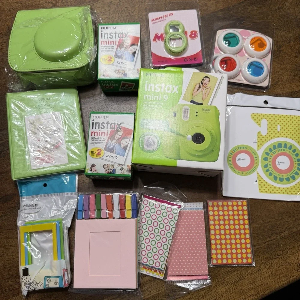 Fuji Film Instax Mini 9 Camera Bundle  NEW lenses Film Case Album Frames Lime